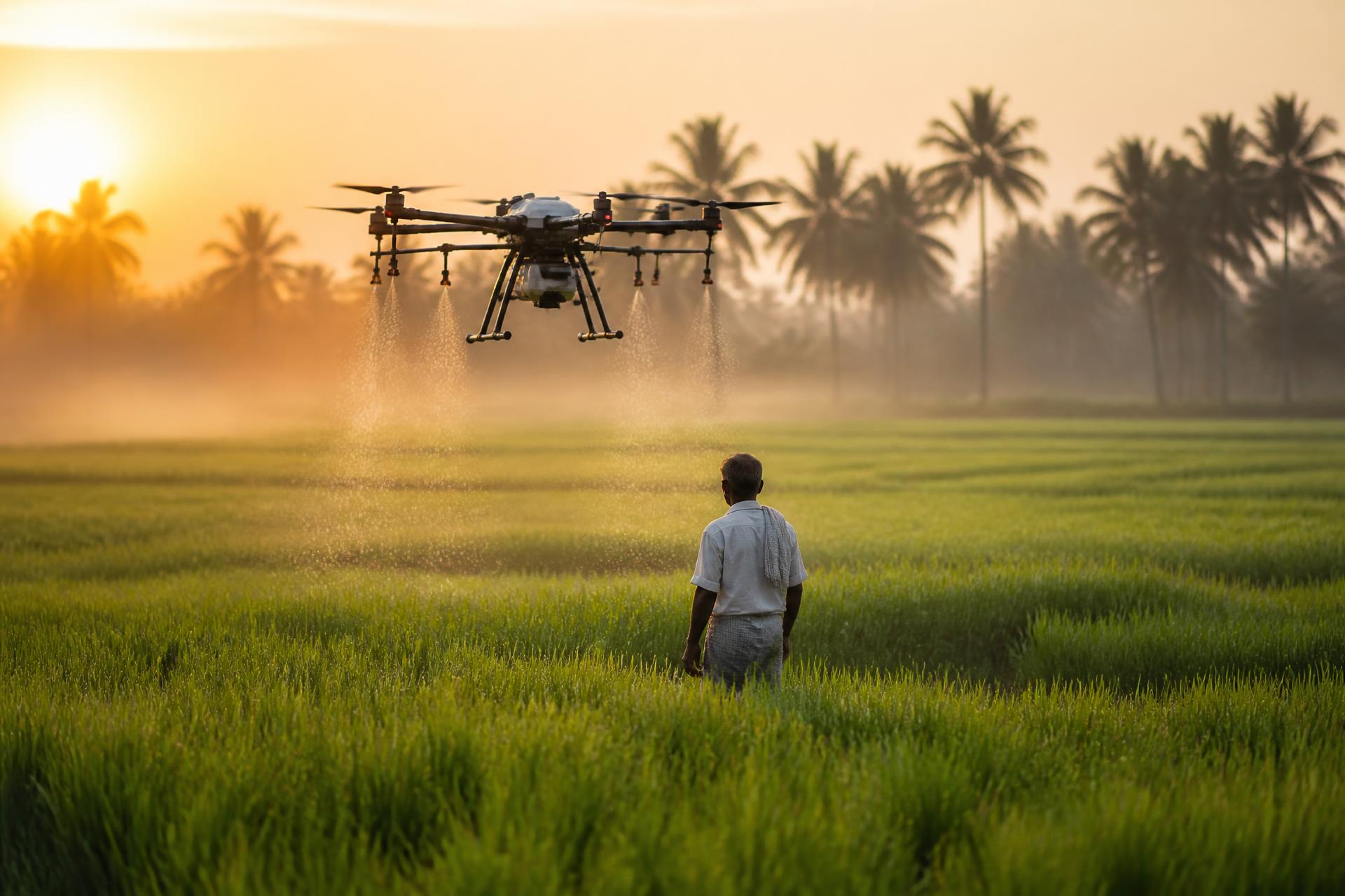 Agricultural spray drone treating a paddy field in Tamil Nadu at golden hour while a farmer watches