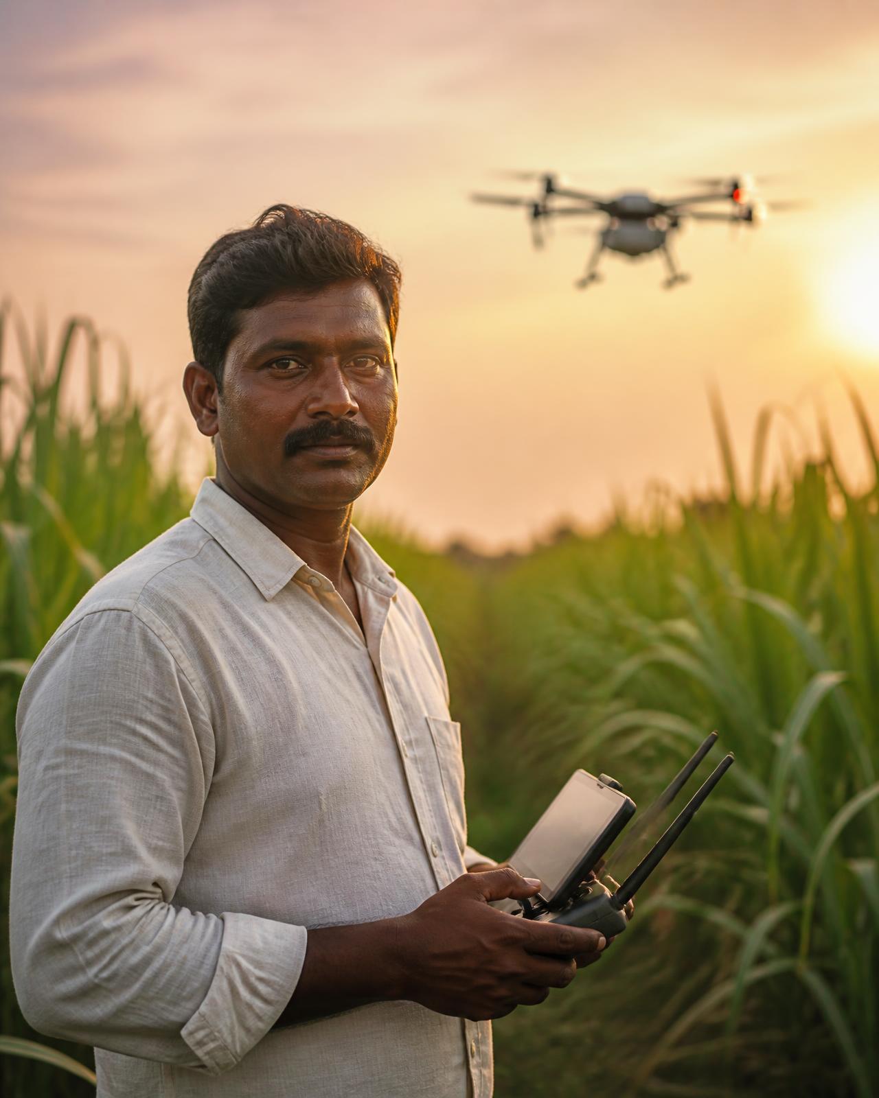 Maruthai Drones pilot operating a spray drone over a sugarcane field